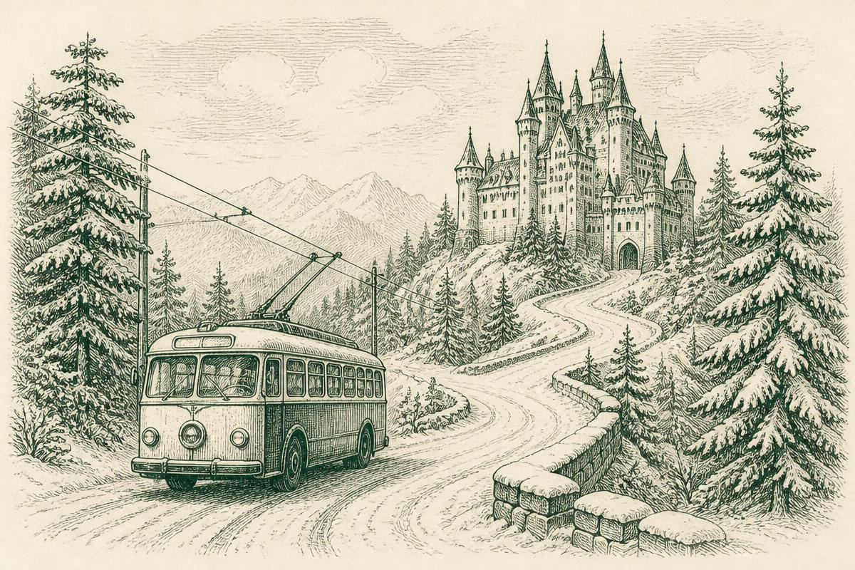 Vintage drawing of a trolley travelling toward a snowy castle