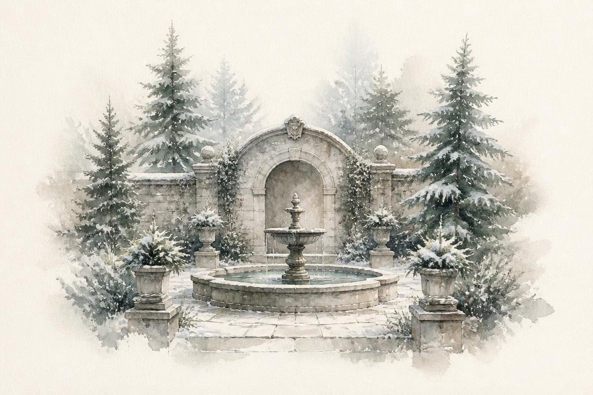 Watercolor of a snowy stone courtyard fountain