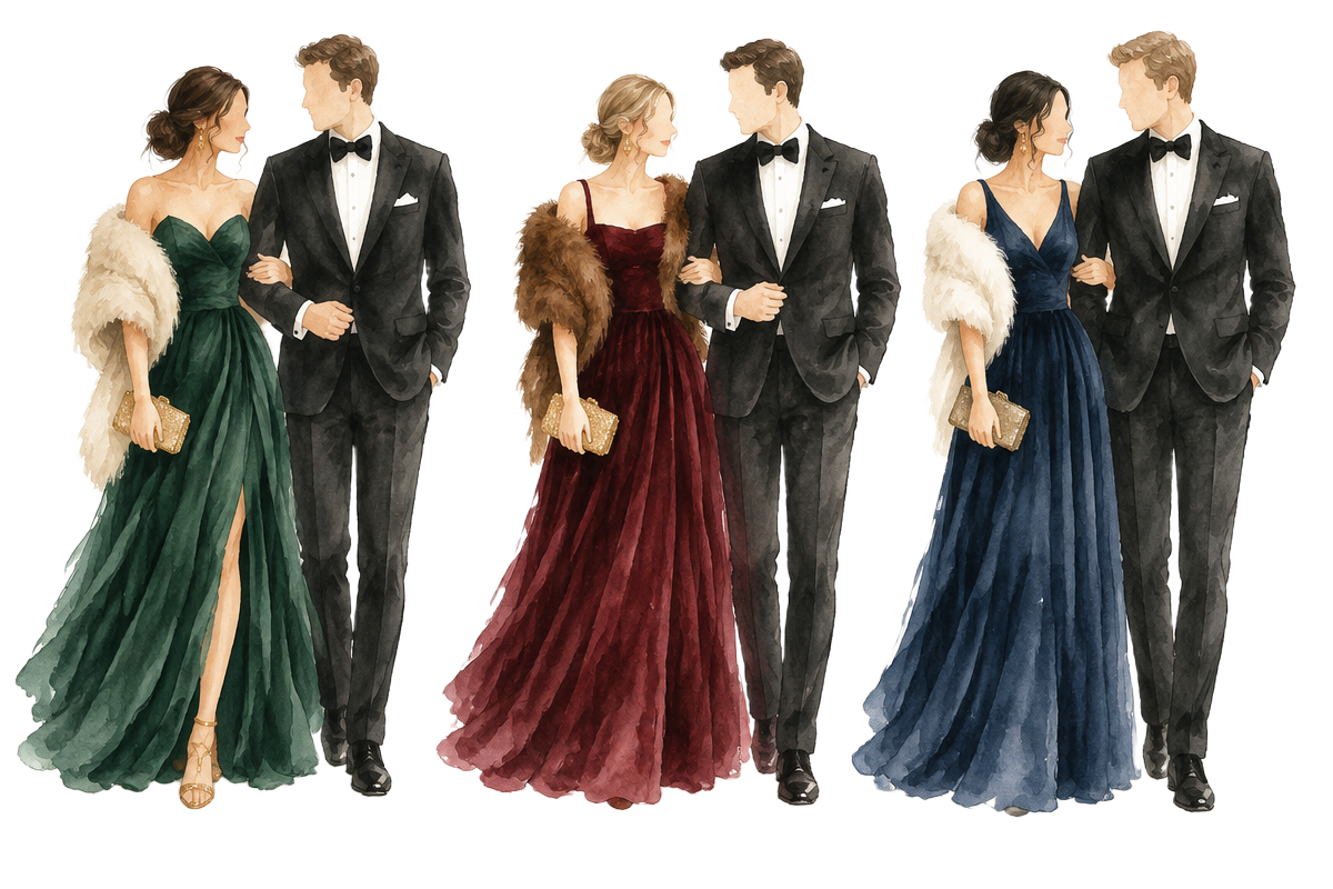 Watercolor illustration of guests in formal winter attire